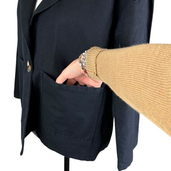Leon & Harper Black Linen Cotton Blend Collarless Relaxed Boxy Blazer Jacket - Picture 6 of 11